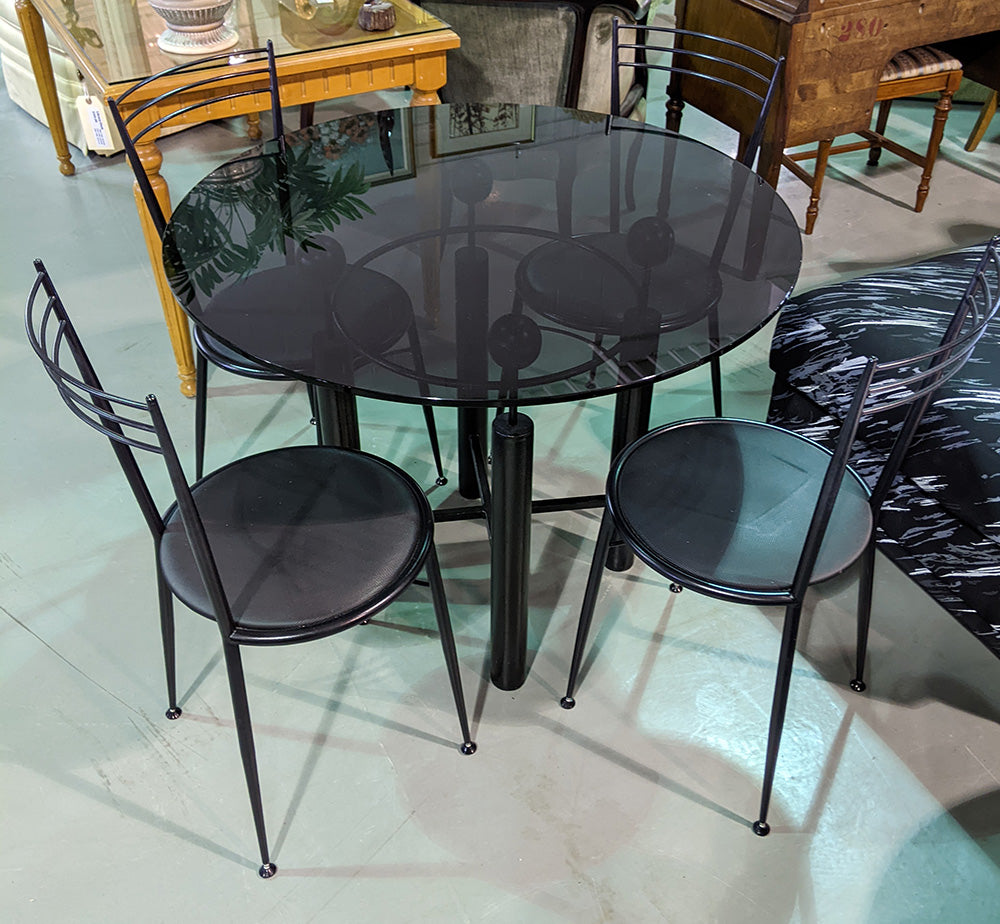 Black Glass Round Table with 4 Chairs