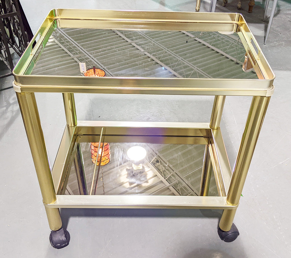 MCM, 1970’s Brass Tone Mirrored 2 Level Bar Cart - Made in Italy