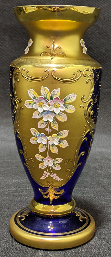 Bohemian / Czech Cobalt Blue Crystal Vase - 24 Kt Gild & Hand Painted Floral Det