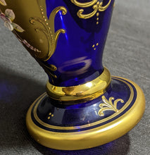 Load image into Gallery viewer, Bohemian / Czech Cobalt Blue Crystal Vase - 24 Kt Gild &amp; Hand Painted Floral Det
