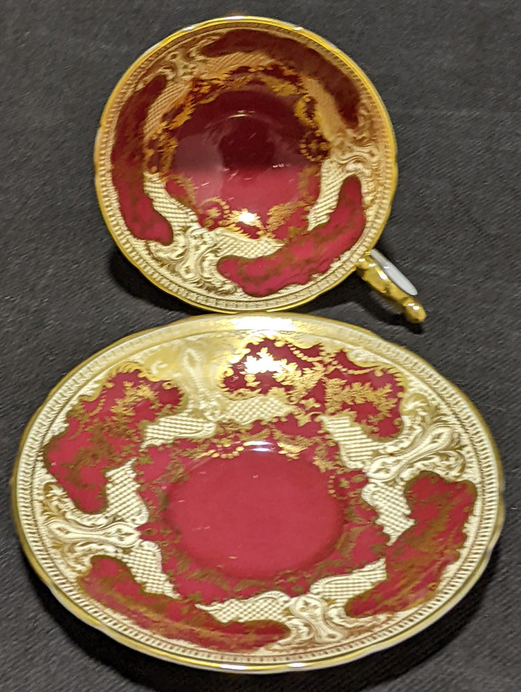 AYNSLEY Fine Bone China Red & Gold Scroll Tea Cup & Saucer - As Is