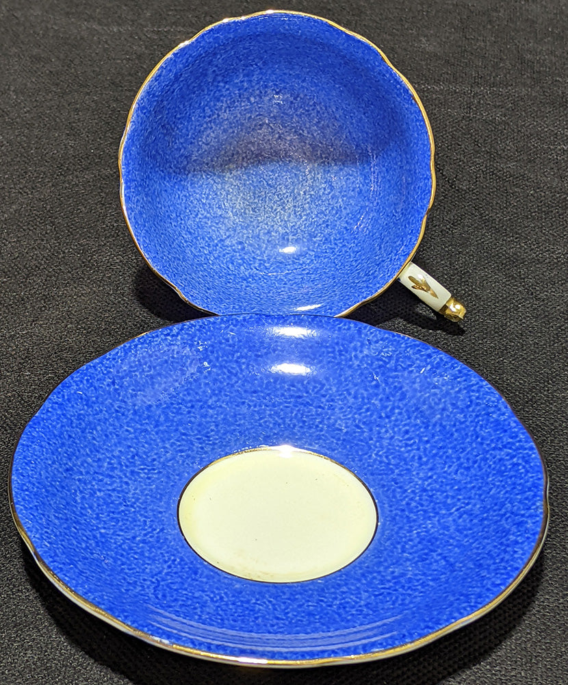 Double Warrant PARAGON Bone China Tea Cup & Saucer - Blue Speckled & Gold