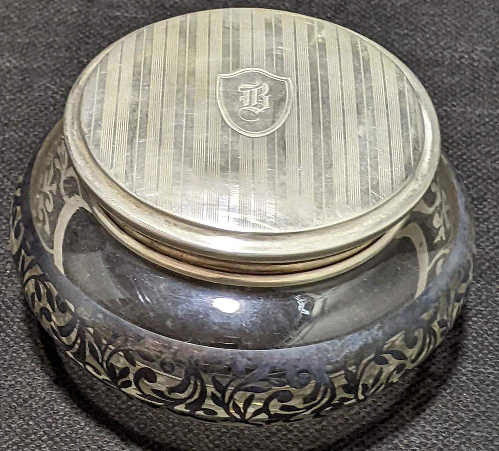 Sterling Silver Topped & Adorned Glass Trinket Jar
