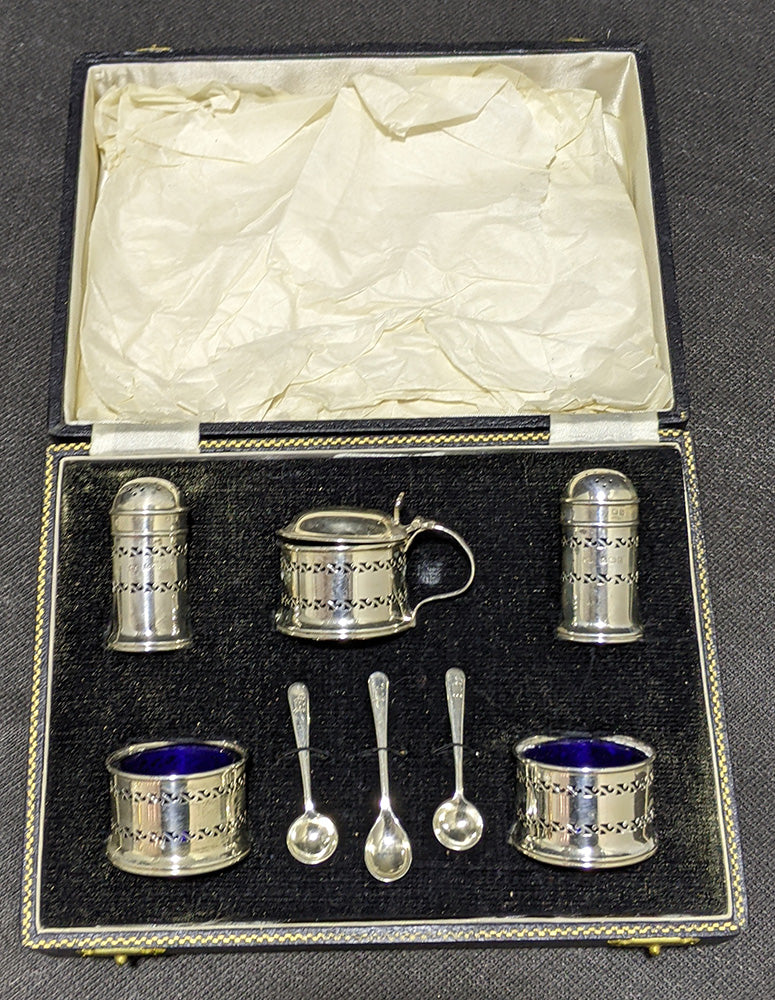 Vintage Sterling Silver & Cobalt Blue Glass Salt, Pepper & Mustard Set in Fitted