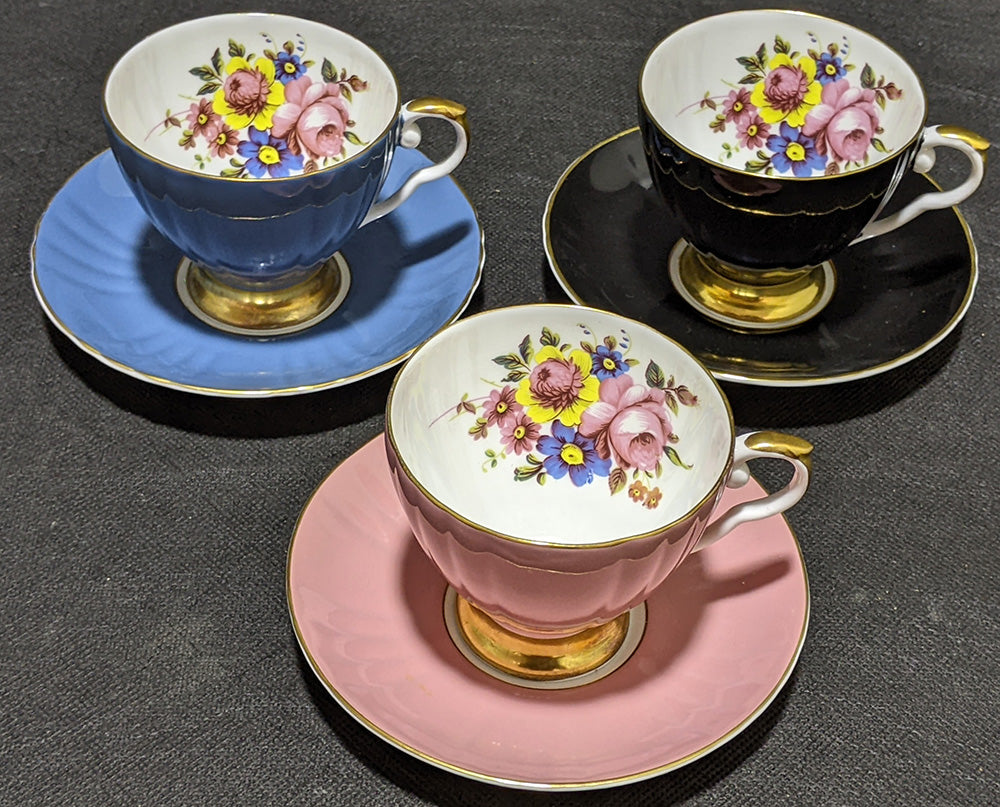 Set of 3 Royal Grafton Fine Bone China Tea Cups & Saucers - Blue, Black & Pink