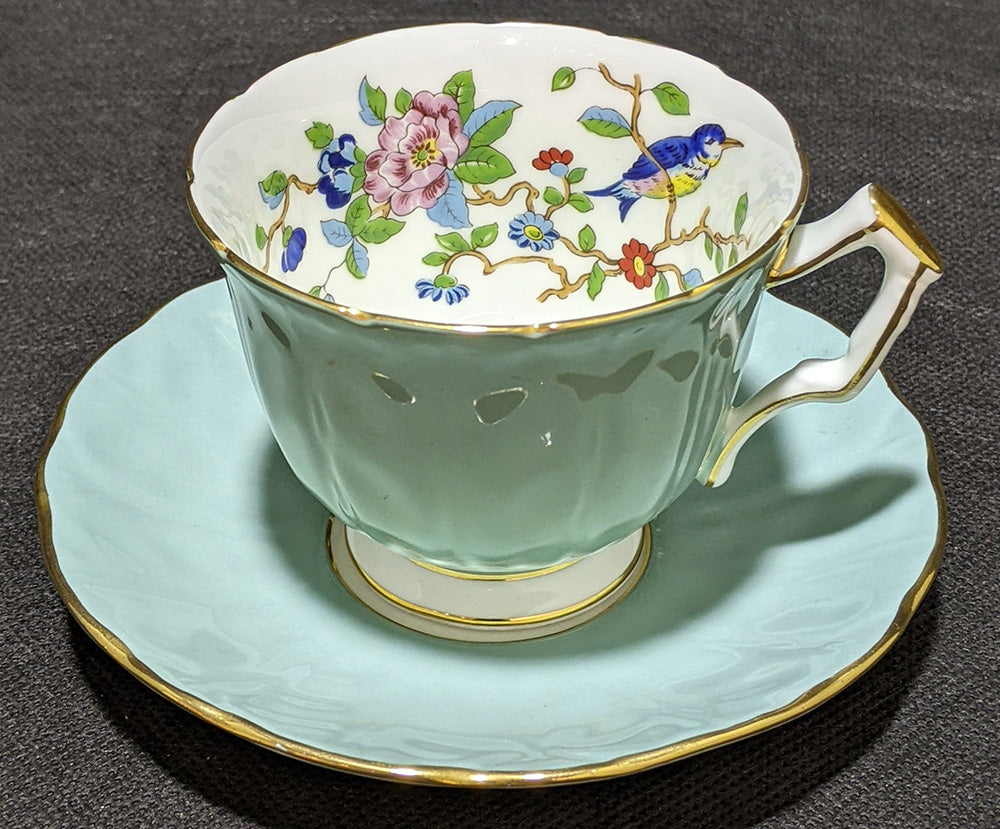 Aynsley Fine Bone China Tea Cup & Saucer - Sage Green, Floral & Bird In Bowl