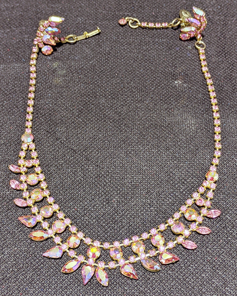Beautiful Bright Pink Rhinestone Necklace & Clip On Earring Set