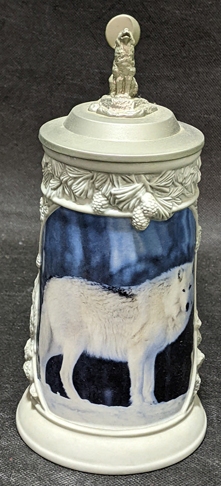 Vintage Ceramic Stein - Coloured Picture of A Husky - Metal Lid