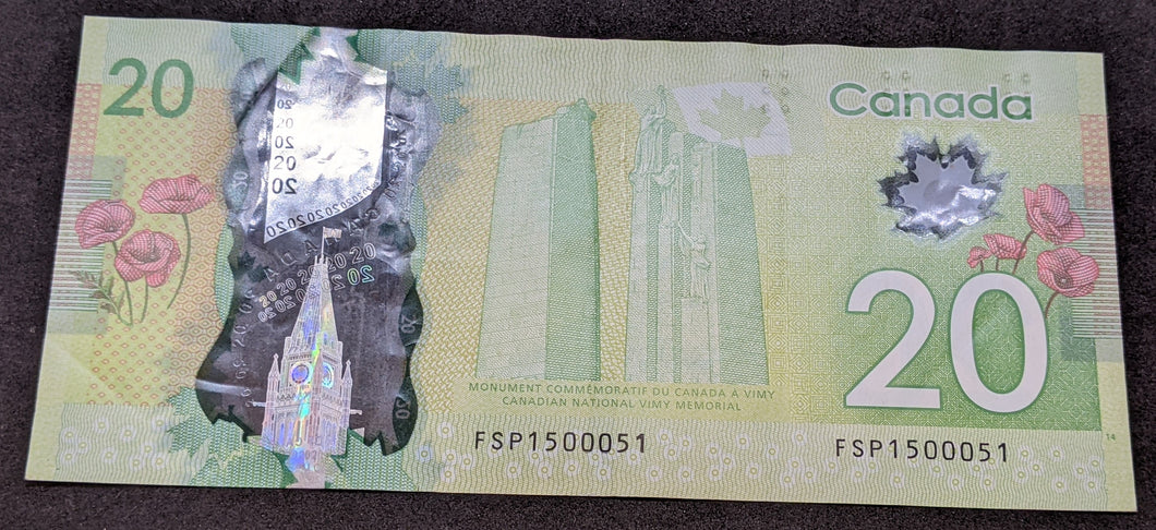 2012 Bank of Canada $20 RADAR Serial Number Bank Note - FSP1500051