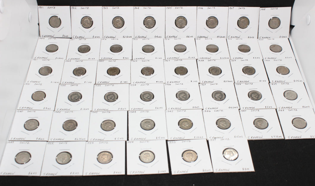 Near Complete 1901-1957 Switzerland 5 Rappen Coin Run - BV $230