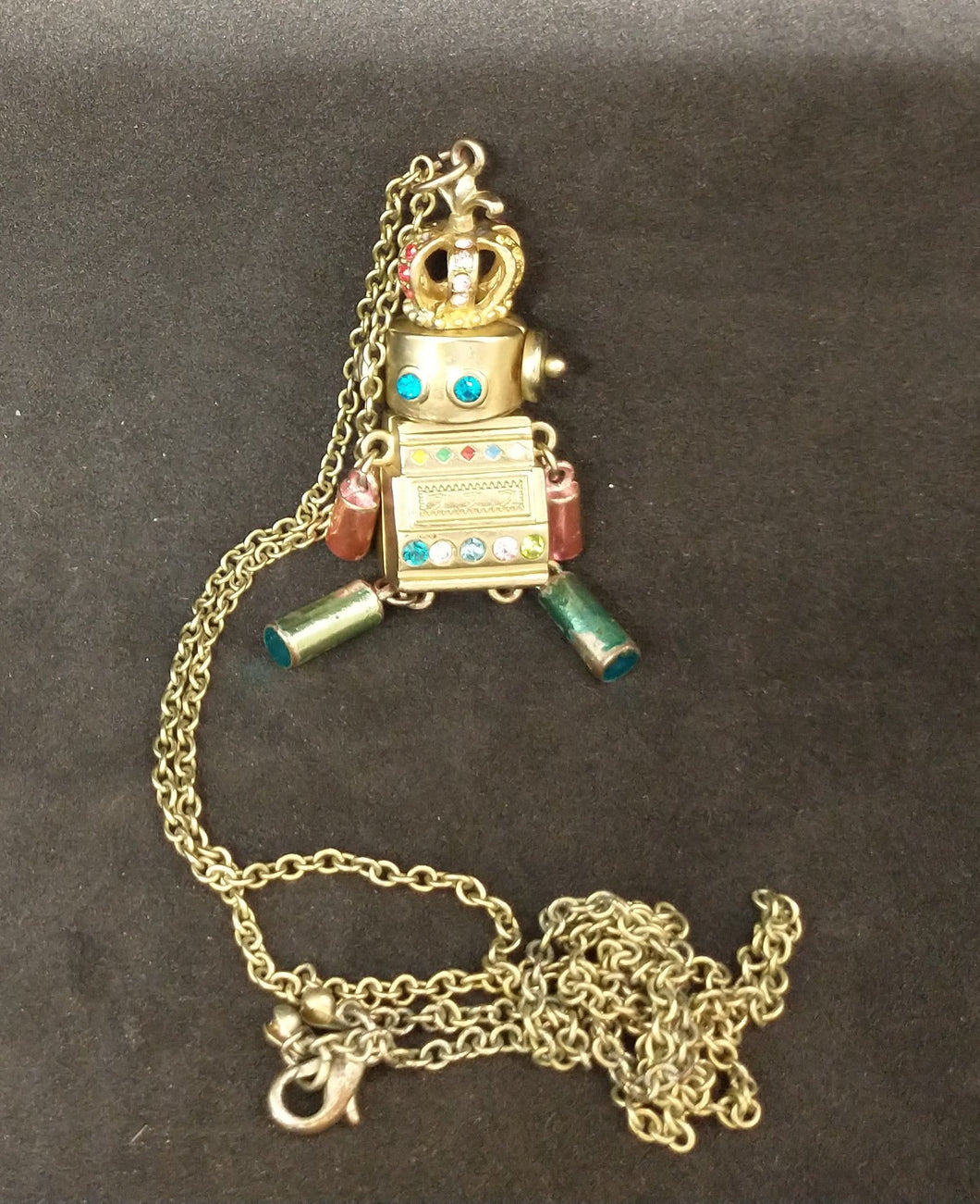 Robot Pendant w/ Crown & Multi Coloured Stones and Necklace