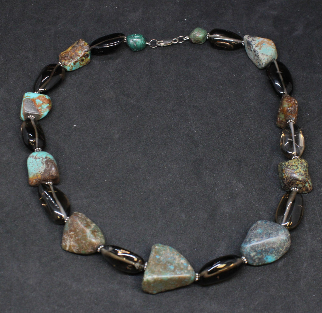 Rough Turquoise and Smoky Quartz Glass Beads Necklace w/ Sterling Silver Clasp