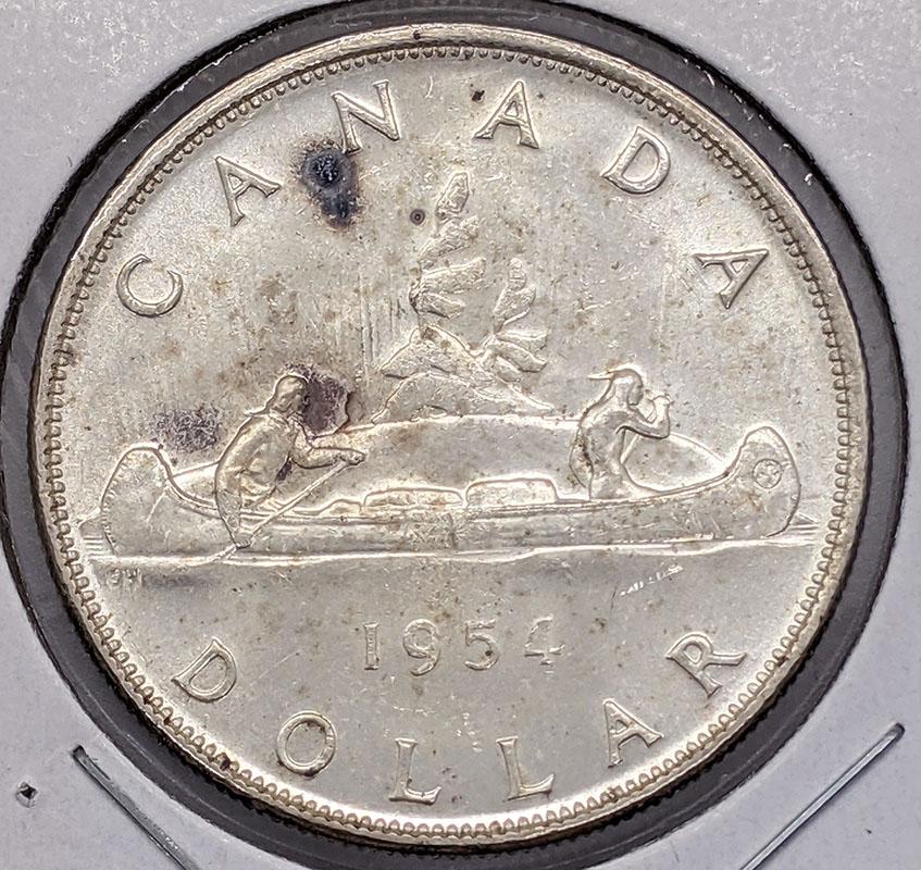 1954 Canada Silver $1 Dollar Coin - Short Water Line Variation