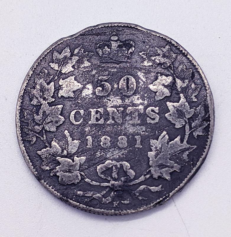 1881 H Canada Sterling Silver 50 Cents - F With Rim Dings/Bent