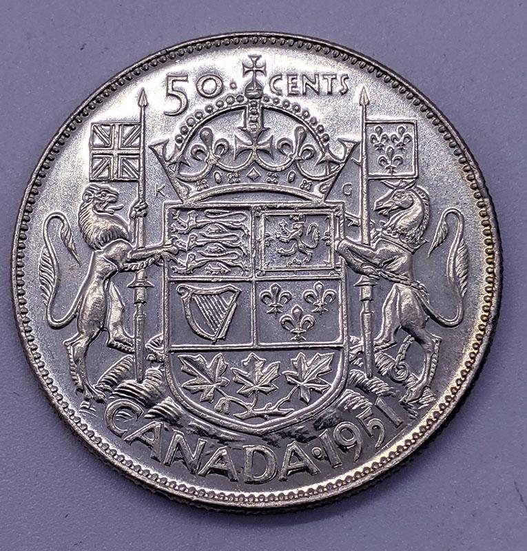 1951 Canadian Silver 50-Cent Half Dollar Coin