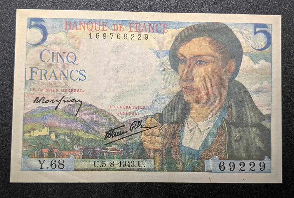 1943 Bank Of France Bank Note 5 Franc
