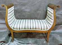 Load image into Gallery viewer, Vintage Scrolled Arm Regency Style Bench - Blue &amp; Cream Fabric
