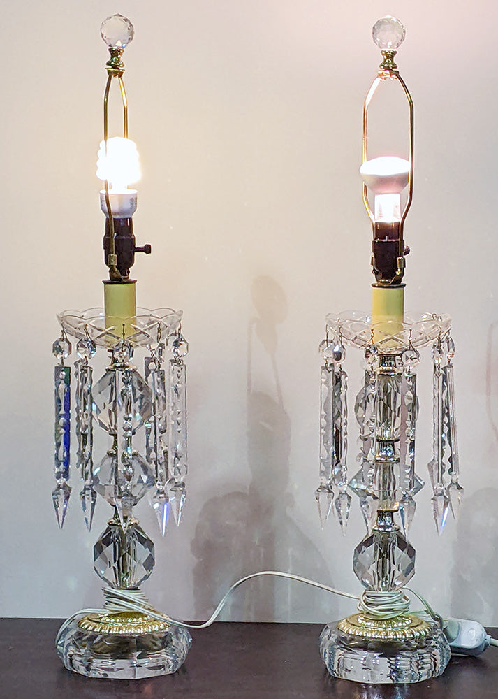 Pair of Stacked Glass Looking Table Lamps - Crystal Prism Drops - Heavy