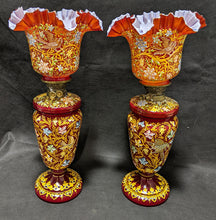 Load image into Gallery viewer, Large, Hand Painted Red Glass Oil Lamp - Ruffled Shade - As Found
