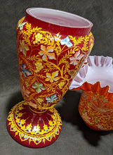 Load image into Gallery viewer, Large, Hand Painted Red Glass Oil Lamp - Ruffled Shade - As Found
