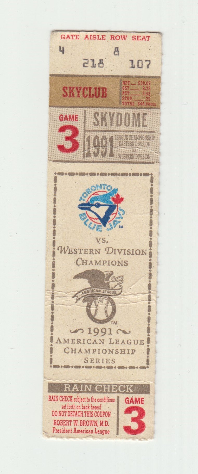 1991 Toronto Blue Jays American League Championship Game 3 Skydome Ticket Stub