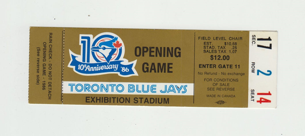 1986 Toronto Blue Jays 10th Anniversary Opening Game Ticket Stub