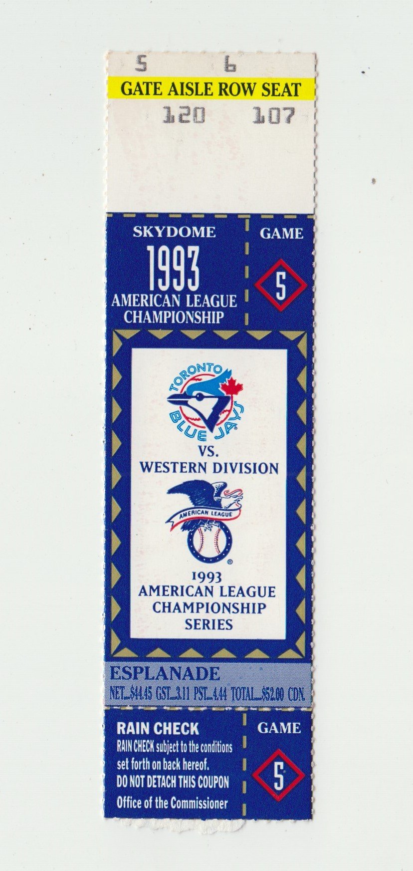 1993 Toronto Blue Jays American League Championship Game 5 Ticket Stub